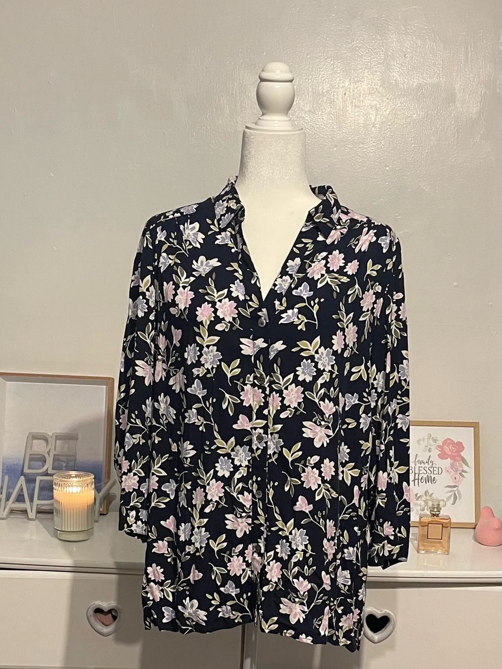 J. Jill Black Button-Down Blouse with Pink & White Floral Print